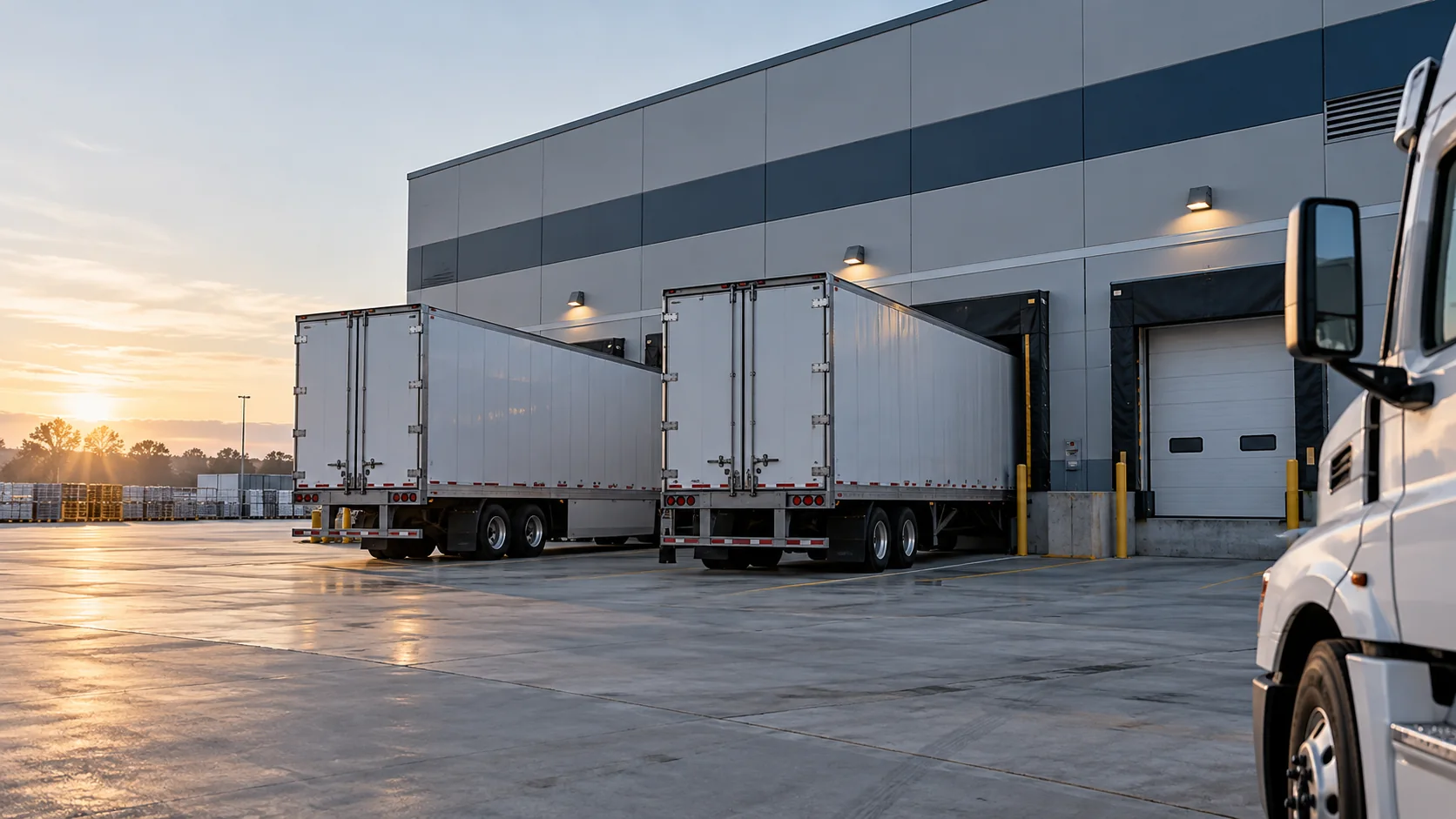 Freight trailers backed to a distribution center dock